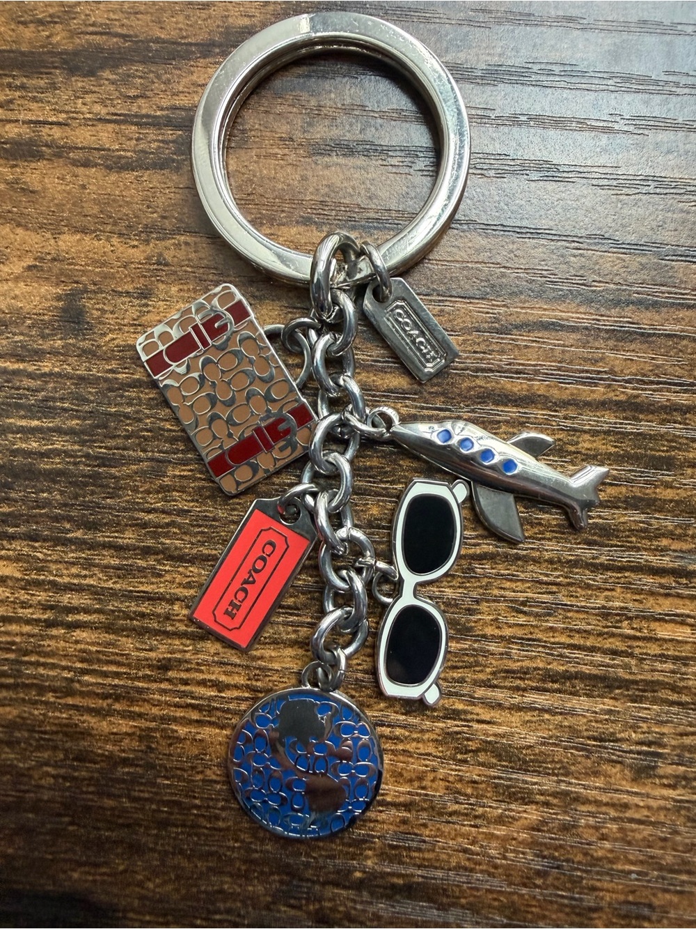 Coach Silver-Tone Keyring with Blue and Red Enamel Travel Charms